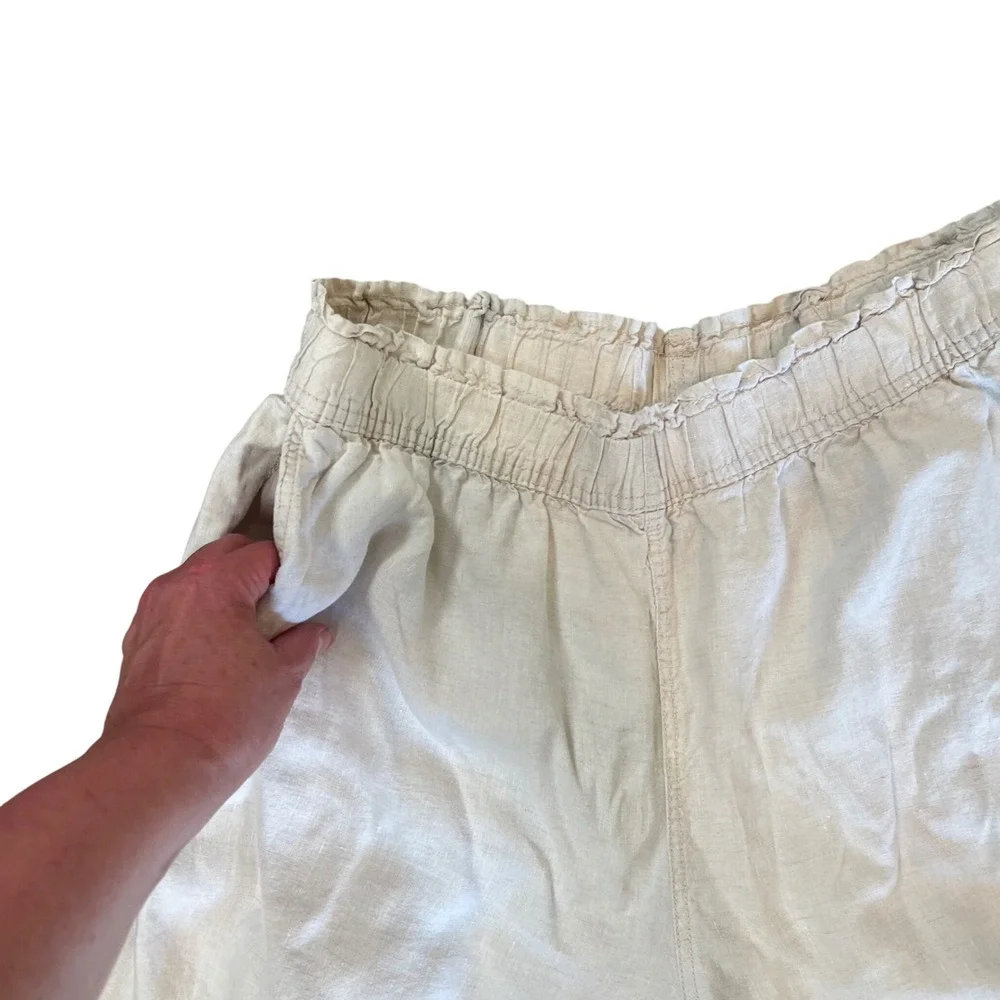 HM Womens XL Beige 100% Linen Wide Leg Cropped Elastic Waist Pants Oatmeal